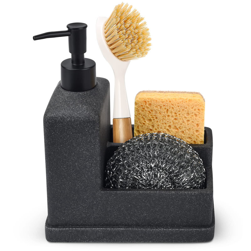 Dish Soap Dispenser With Sponge Holder,Liquid Hand And Dish Soap Dispenser And Spong Caddy With Brush Holder 3 In 1 Countertop Organizer,Black