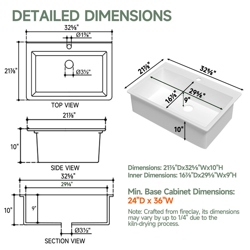 33" L x 22" W Fireclay Drop In Kitchen Sink 1 Hole, Topmount Single Bowl White for Kitchen, Included 2 Custom Accessories