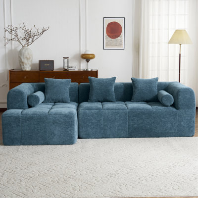 101.2" Sectional Sofa Full-Compressed Sofa Modular Sofa Couch Free-Combined Sofa With Deep Seating And Two Side Pockets For Living Room, Blue