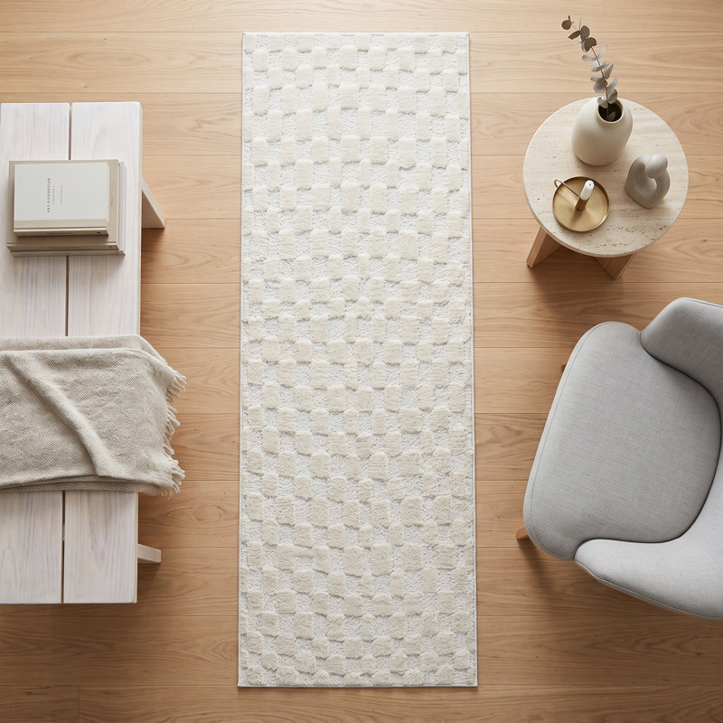 Tapis de couloir crème à motifs géométriques texturés (3,3 pi x 9,8 pi)