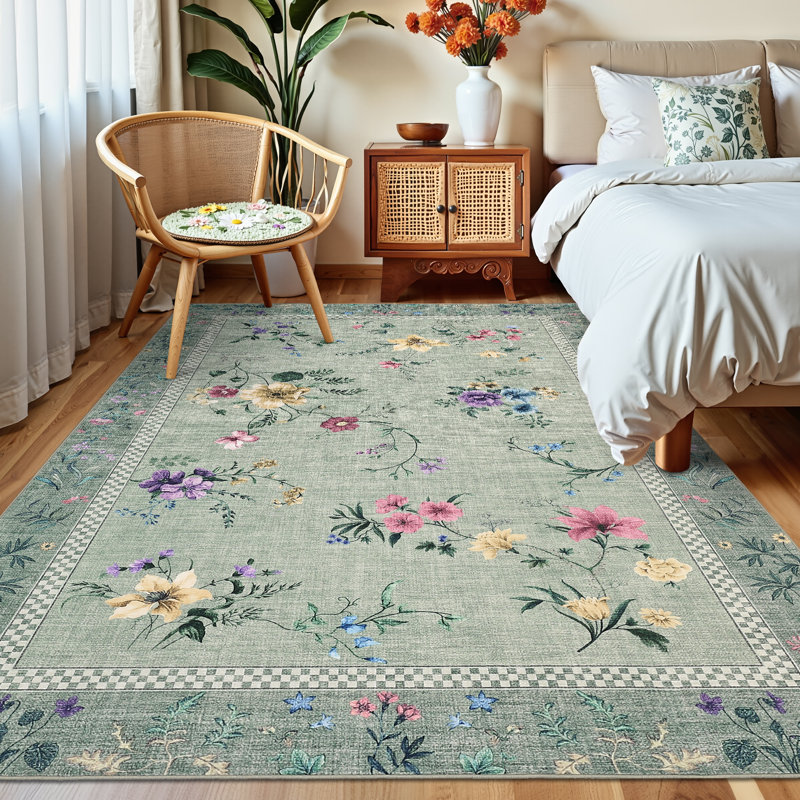 Tapis lavable à la machine Floral, Green, Rectangulaire 8 pi x 10 pi