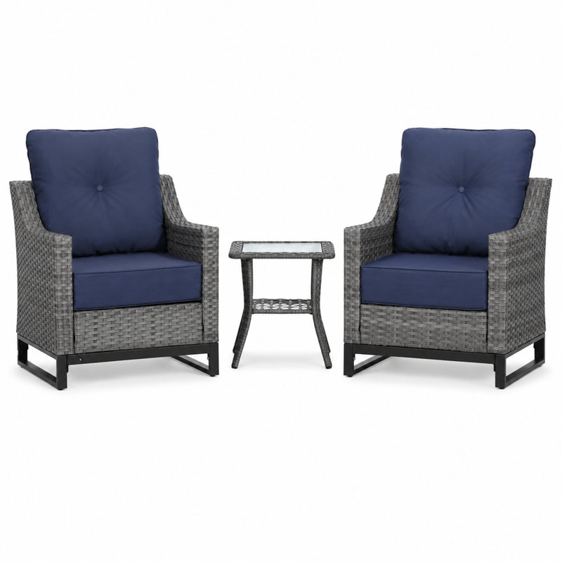 3 Piece Patio Furniture Set, Outdoor Conversation Set With 2 Wicker Armchairs And Glass Top Side Table, Pe Rattan Patio Chairs With 6 Inch Olefin Cushions, 350 Lbs Capacity For Porch, Balcony, Backyard, Deck, Grey/Blue