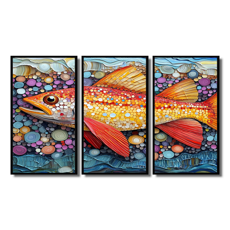 Red Arctic Char I - Fish Animal Wall Decor Set, Black Floater Framed Canvas, 32" H x 48" W x 1" D