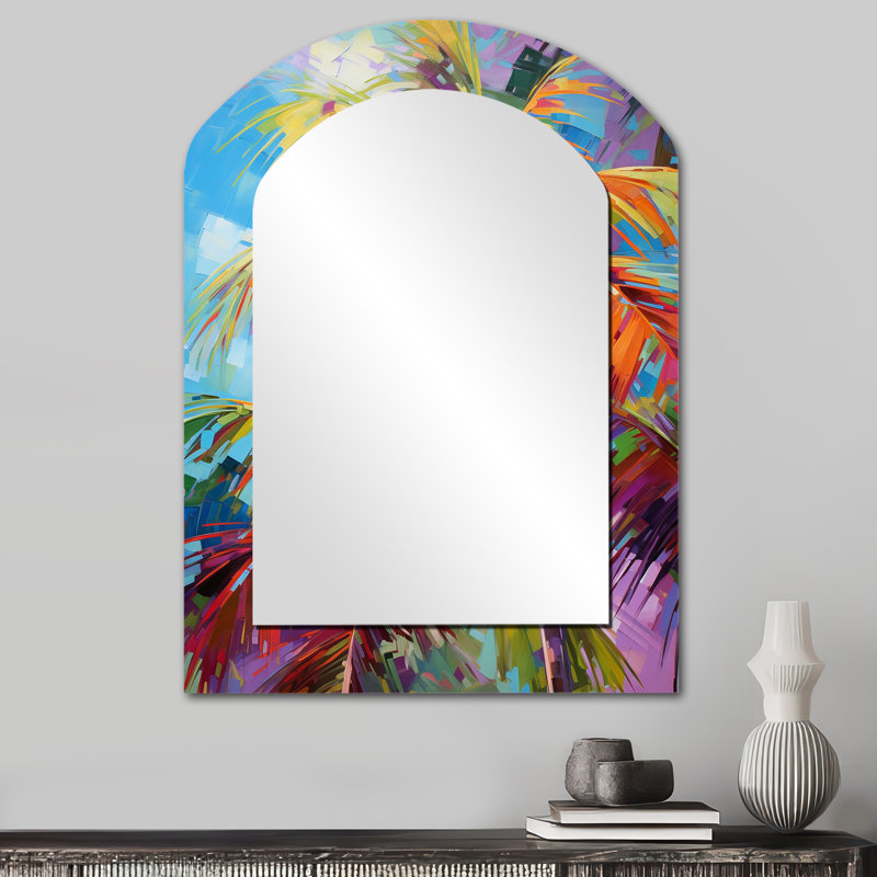 Popart Palm Trees II - Palm Trees Arch Decorative Mirror, Traditional Asymmetrical Large Wall Mirror, Printed Metal Art