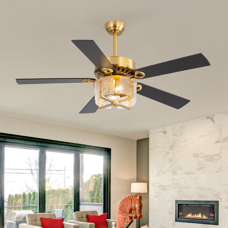 52 Inch Ceiling Fan With Light, Ceiling Fan With 5 Blades, Hammered Glass Shade, Remote Control, Reversible Motor For Living Room Bedroom Dining Room