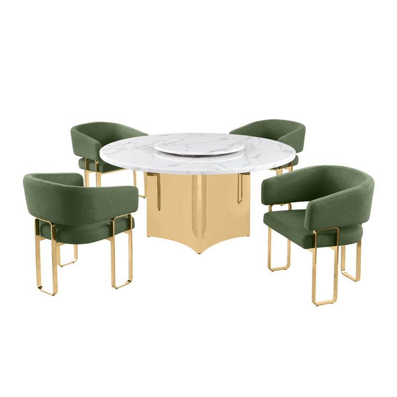 Ensemble de salle à manger en marbre blanc avec fauteuils Lazy Susan et Teddy, Vert, Doré