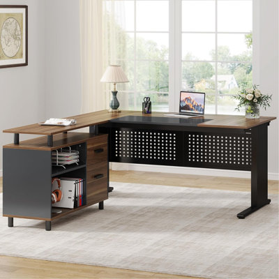 Bureau de direction en L avec classeur, grand bureau moderne avec tiroirs, tablettes et rangement, poste de travail d'ordinateur de coin pour bureau à domicile, bureau d'affaires