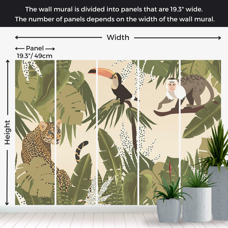Adhésif mural pelez et collez - Jungle abstraite avec des animaux, L 110 po x l 154 po