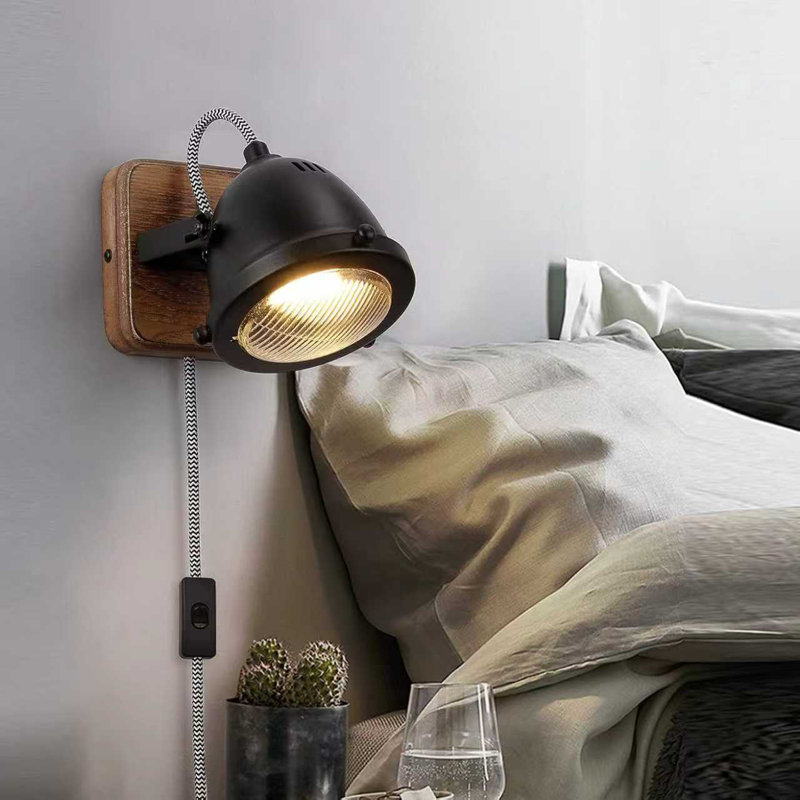 Adjustable Plug in Wall Sconce with Wooden Base, Industrial Black Spotlight Wall Lamp for Bedroom Bedside Reading, Modern Farmhouse Wall Light Fixture