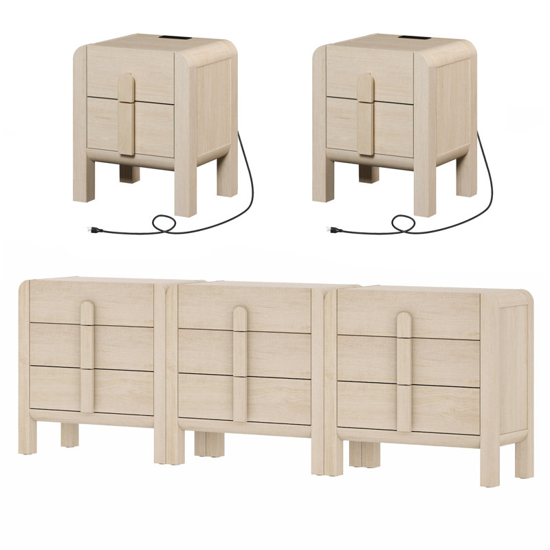 Ensemble de chambre à coucher 5 pièces, ensembles de commode et table de chevet 9 tiroirs pour la chambre à coucher, ensemble de 2 tables de chevet avec profil incurvé, commode en bois Mid-Century