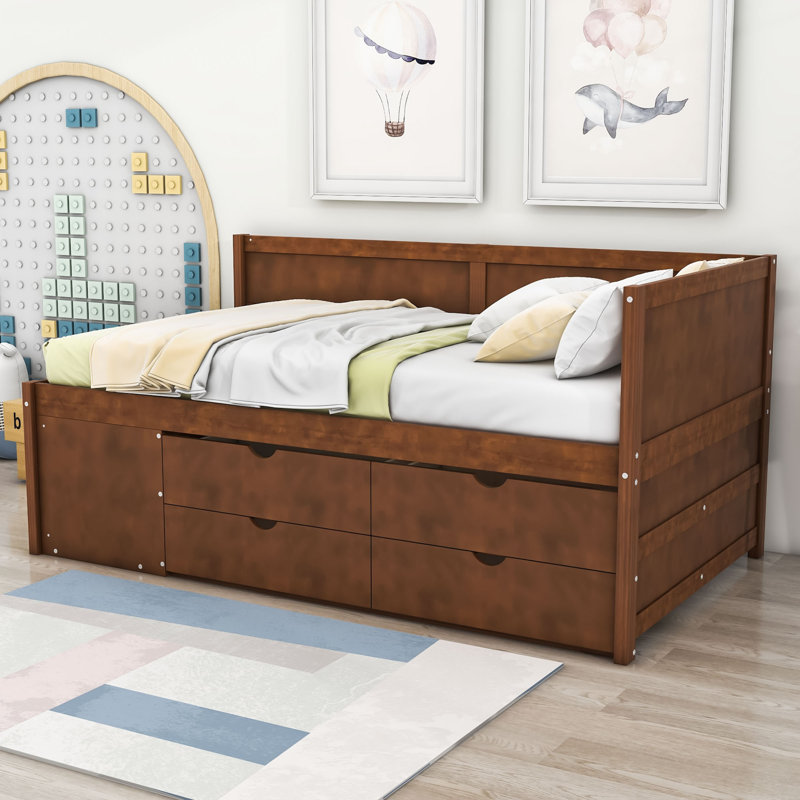 Kouta Wood Daybed with Drawers and Shelves, Walnut, Twin
