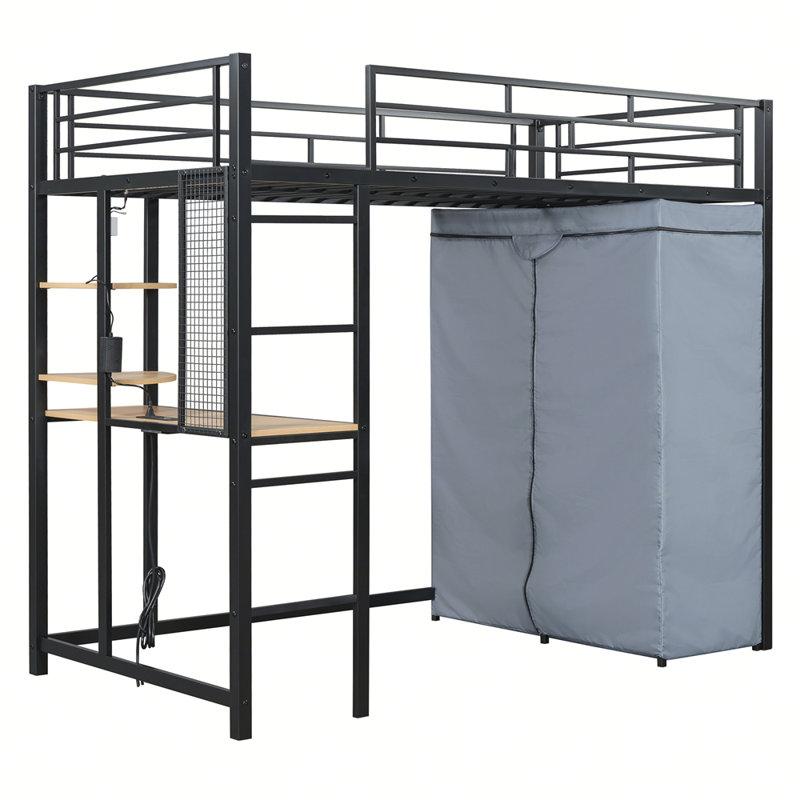 Lit mezzanine en métal avec bureau, tablettes, prise de courant, lumière DEL et garde-robe, Simple, Noir
