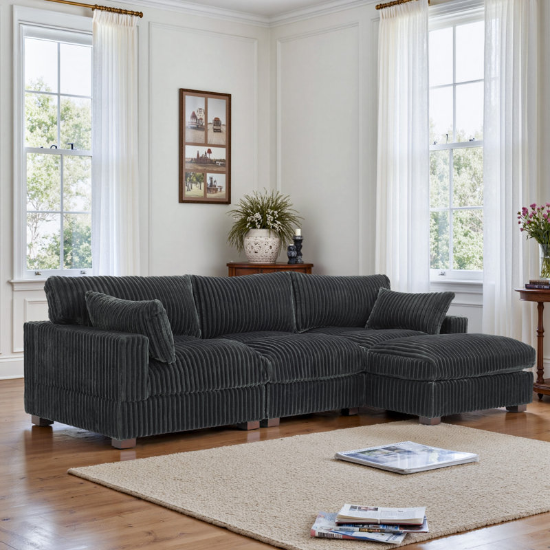 3 - Piece Upholstered Gray Faux Rabbit Fur Flannel Reversible Modular Sofa Living Room Sectional Couch with Pillows