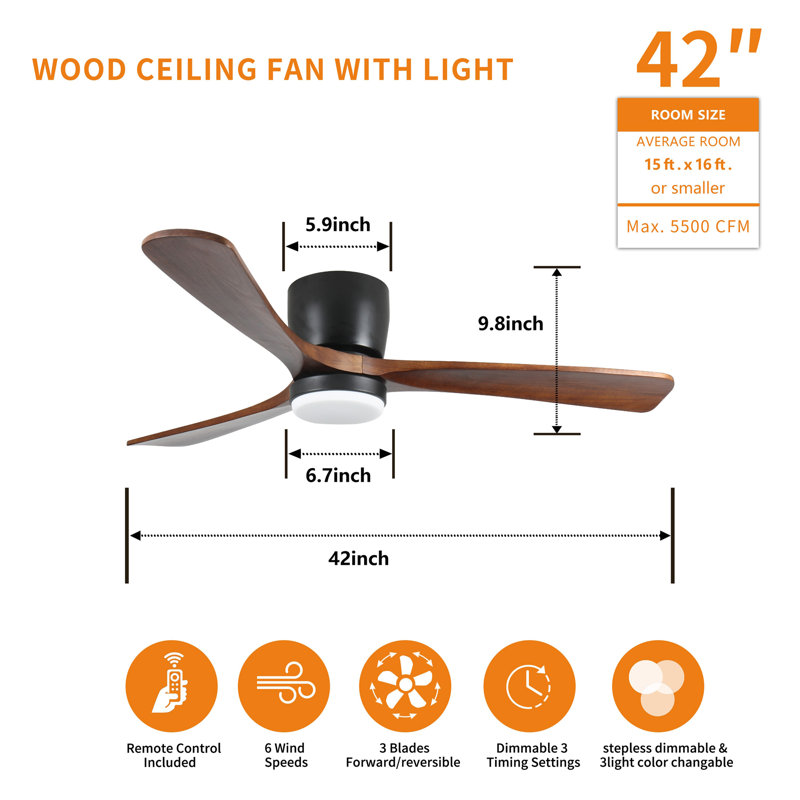 Ventilateurs de plafond en bois avec lumières et télécommande, ventilateur de plafond encastré moderne à profil bas avec éclairage, moteur à courant continu réversible à 6 vitesses, pour chambre / extérieur / maison de campagne / patio