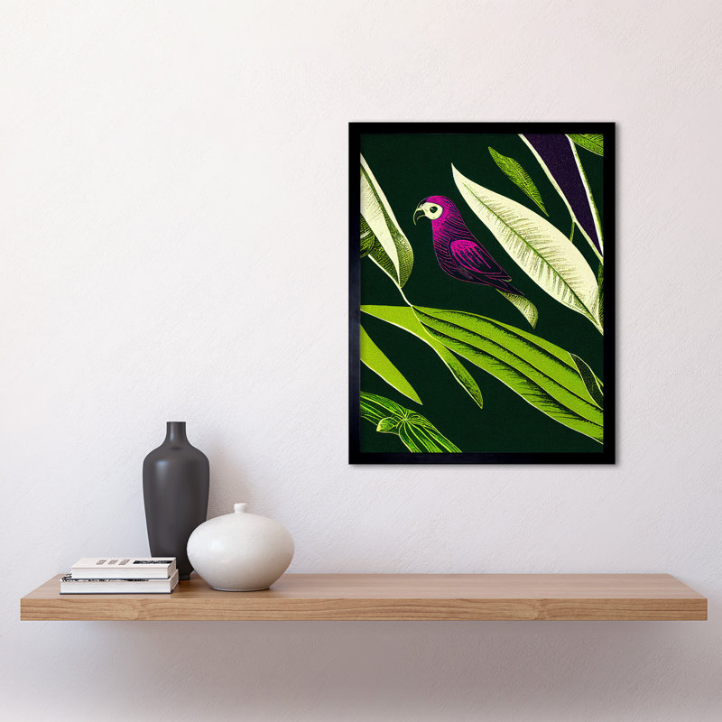 Pink Parrot Tropical Plant Leaves Linocut - Single Picture Frame Print