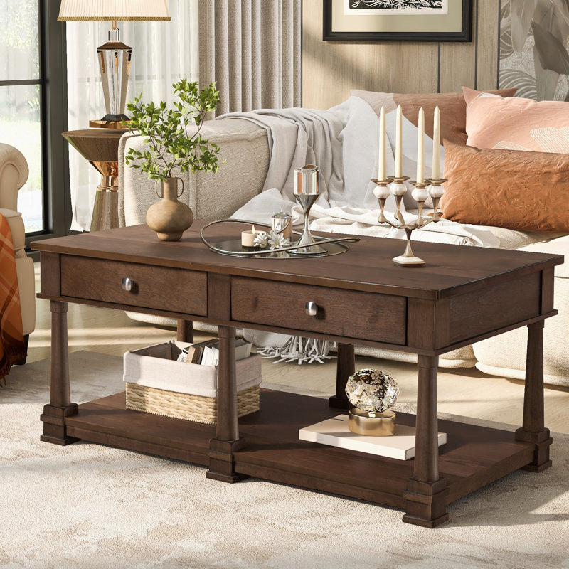 Table basse rectangulaire, 2 tiroirs de rangement et tablette inférieure ouverte, pieds tournés en bois massif, maison de campagne moderne, salon