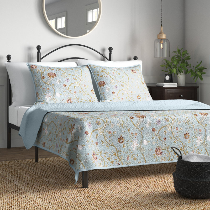 Ensemble de courtepointe réversible Bedford, Courtepointe très grand + 2 taies décoratives, Bleu / rosé