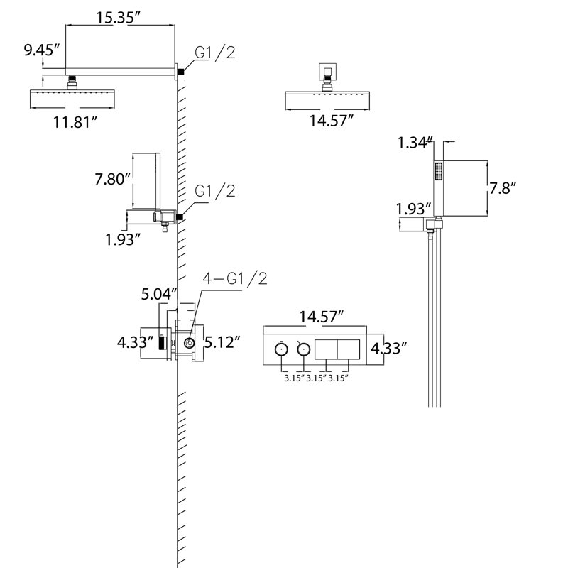 12" Thermostatic Rainfall Full Body Shower System, Temperature Display Shower Faucet Set With Rough-in Valve