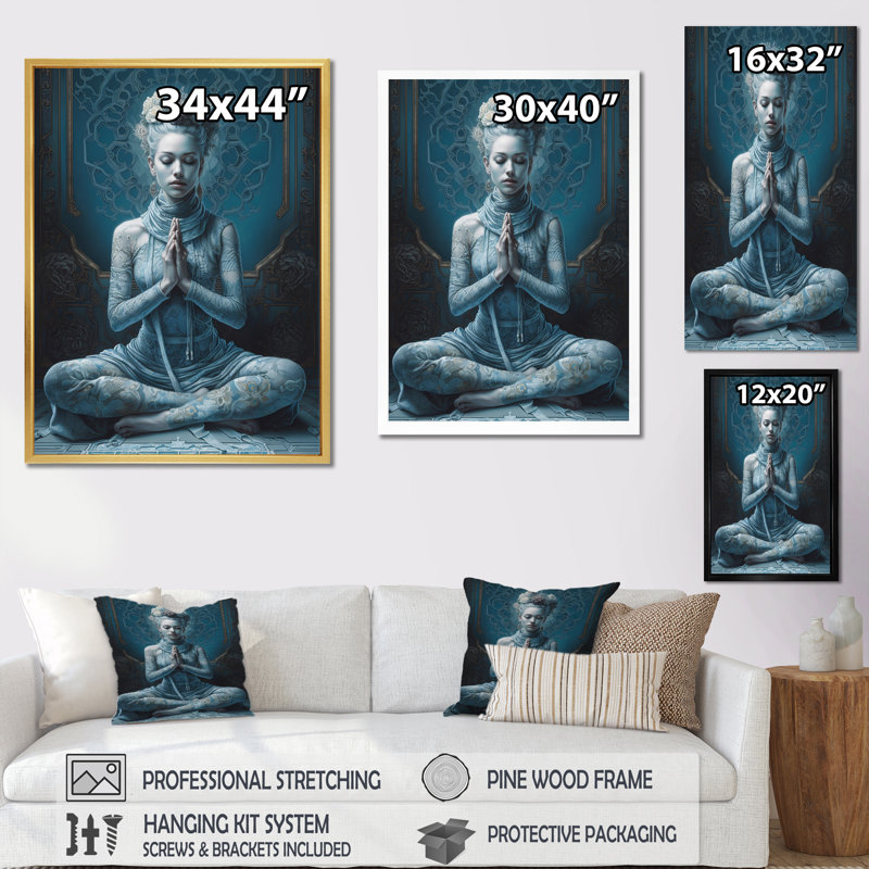 Spiritual Serenity Blue Goddess Meditation sur impression sur toile, H 40 po x l 30 po x P 1,5 po, Cadre simple blanc