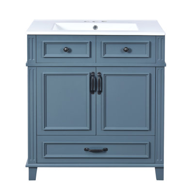 Meuble-lavabo de 30 po avec lavabo en céramique, armoire de rangement en bois massif avec portes à fermeture douce, style rétro