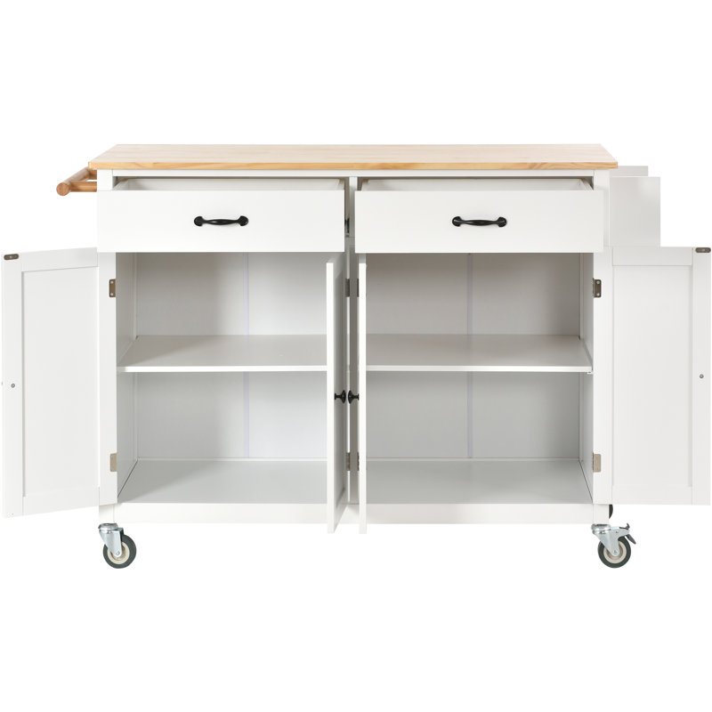 Chariot pour îlot de cuisine avec plateau en bois massif et roues verrouillables, largeur de 54,3 pouces, armoire à 4 portes et deux tiroirs, support à épices, porte-serviettes (blanc)