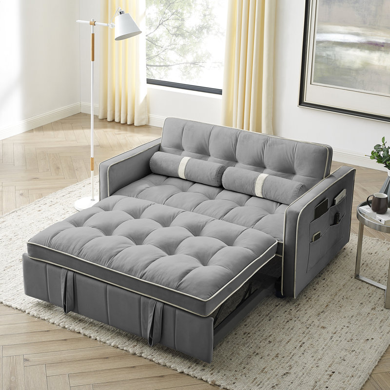 Canapé moderne avec coussins lombaires, velours gris 2 places de 55,5 po, poches latérales et lit gigogne escamotable pour salon, bureau, chambre à coucher, coussins en mousse