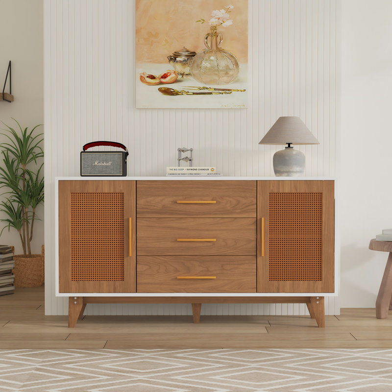 White and Brown 59" Rattan Sideboard with Wooden Legs