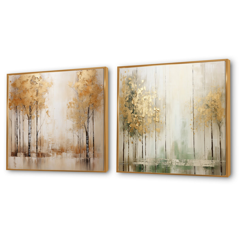 Minimalisme - Ensemble de 2 collages carrés forêt et or, Cadre flottant doré, H 30 po x l 61 po
