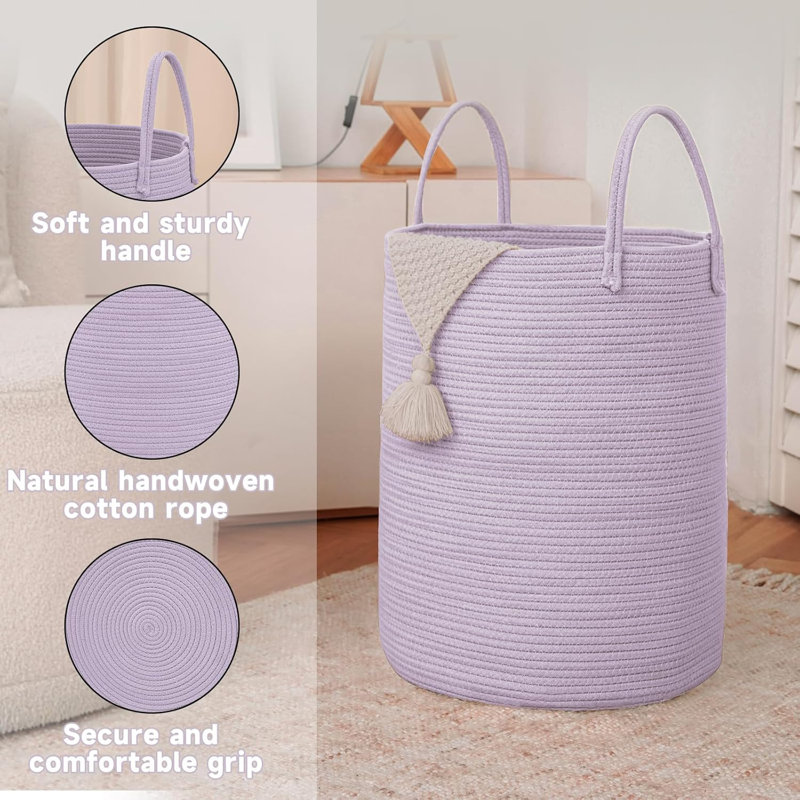 Large Woven Laundry Basket Hamper, Cotton Rope Storage Bin For Blankets, Toys, And Clothes, Decorative Tall Nursery Hamper For Living Room, Bedroom, And Bathroom