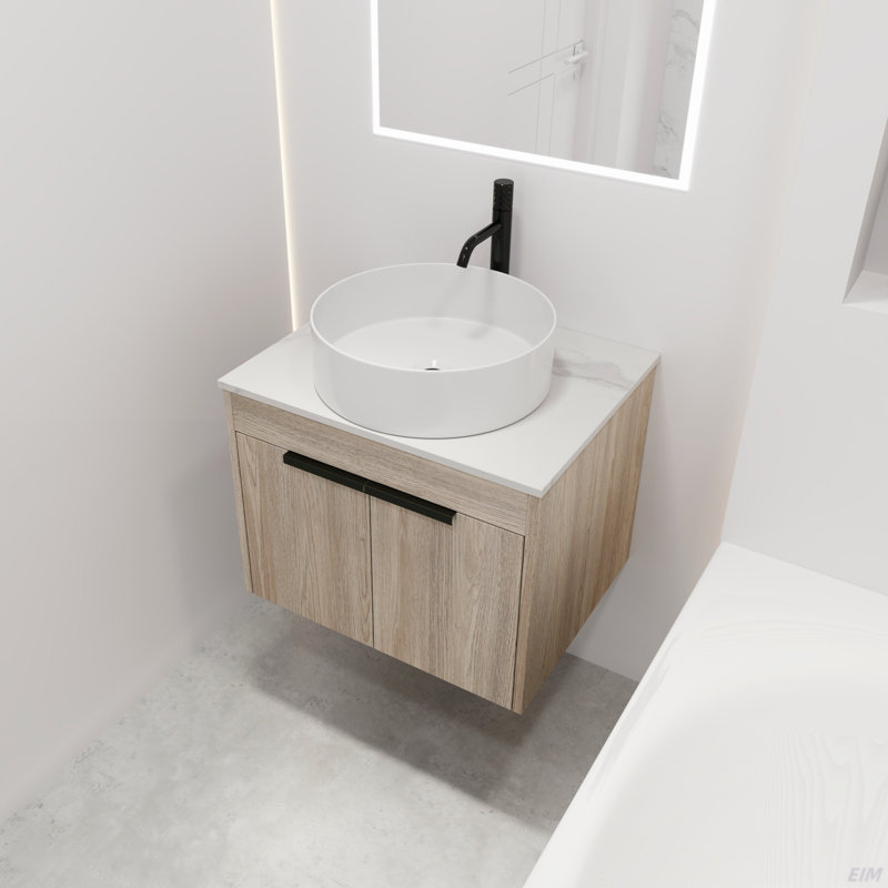 Ensemble de meuble-lavabo moderne 24 po avec lavabo en céramique, meuble-lavabo mural en chêne blanc avec porte à fermeture en douceur, emballage KD