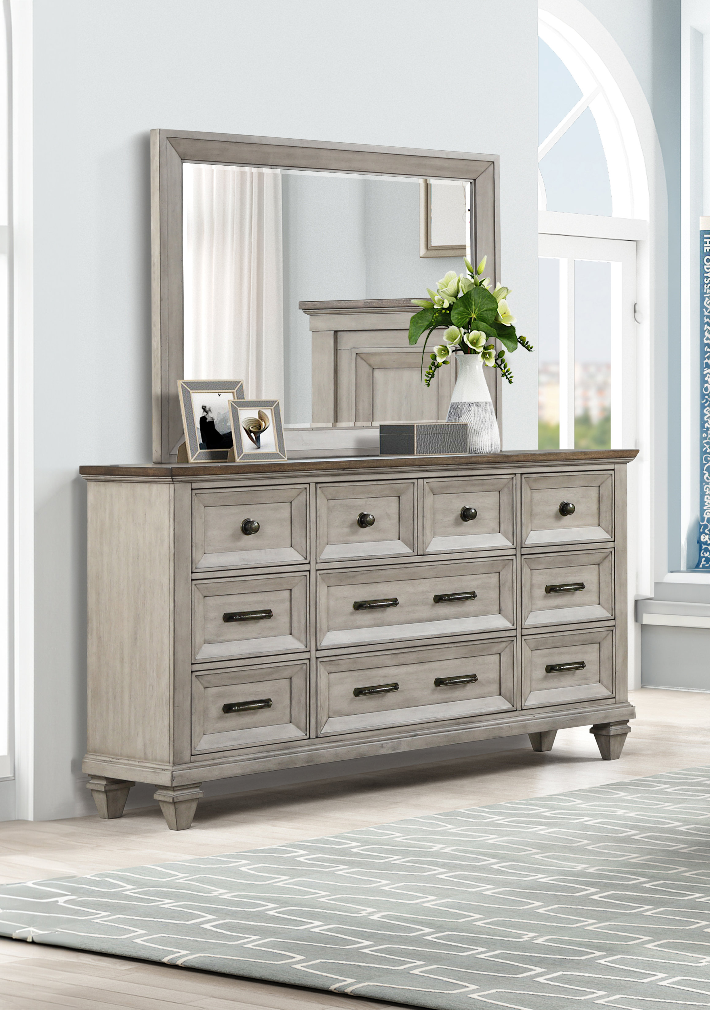 Grey wood dresser with mirror discount