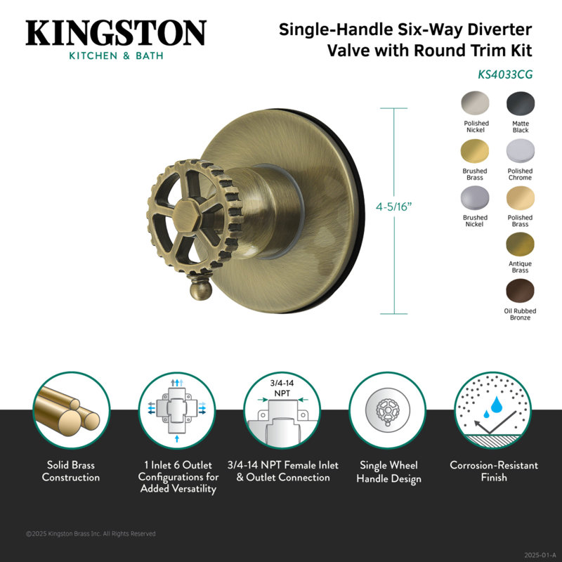 Kingston Brass Fuller Single-Handle Wall Mount Six-Way Diverter Valve with Trim Kit, Brushed Nickel