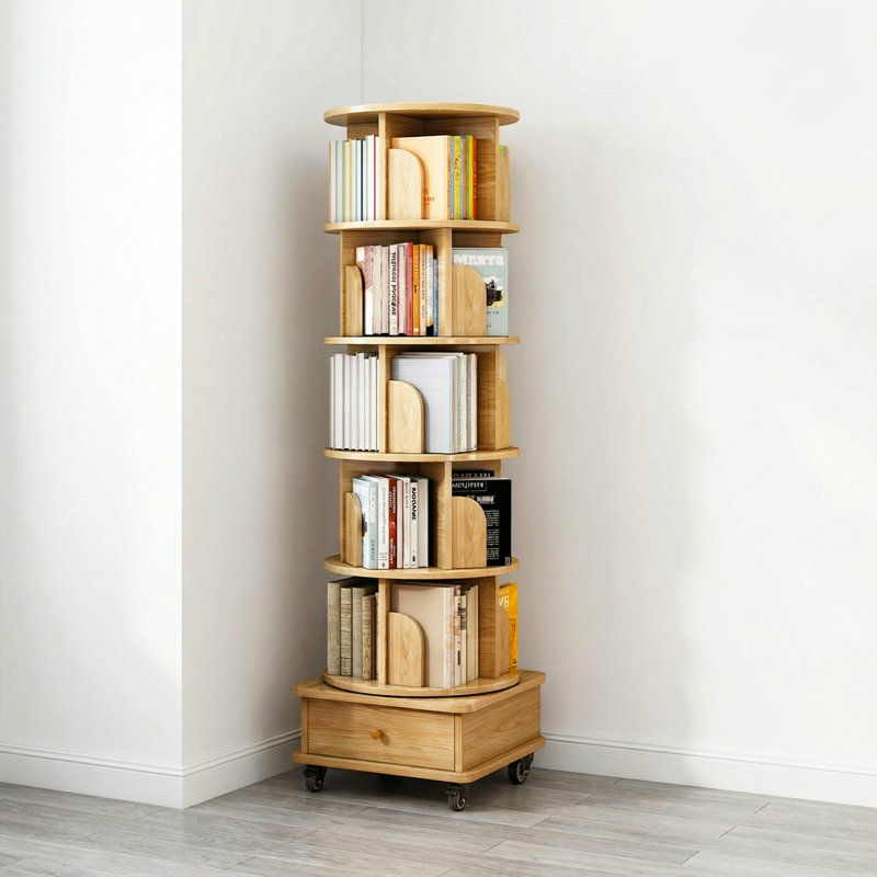 Bibliothèque rotative à 6 niveaux couleur bois - Présentoir à 360 ° avec roulettes et tiroir, rangement multicouche pour le bureau personnel