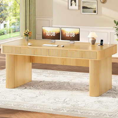Bureau d'ordinateur Ffice avec 2 tiroirs, bureau d'ordinateur cannelé 59 "avec rangement et multiprise