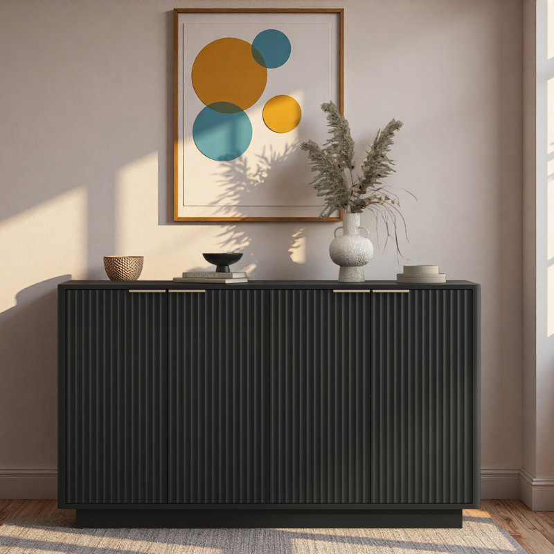 Buffet moderne cannelé avec tablettes réglables et poignées en métal, Noir