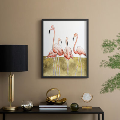 «Flamingo Flock II», reproduction encadrée - bois massif