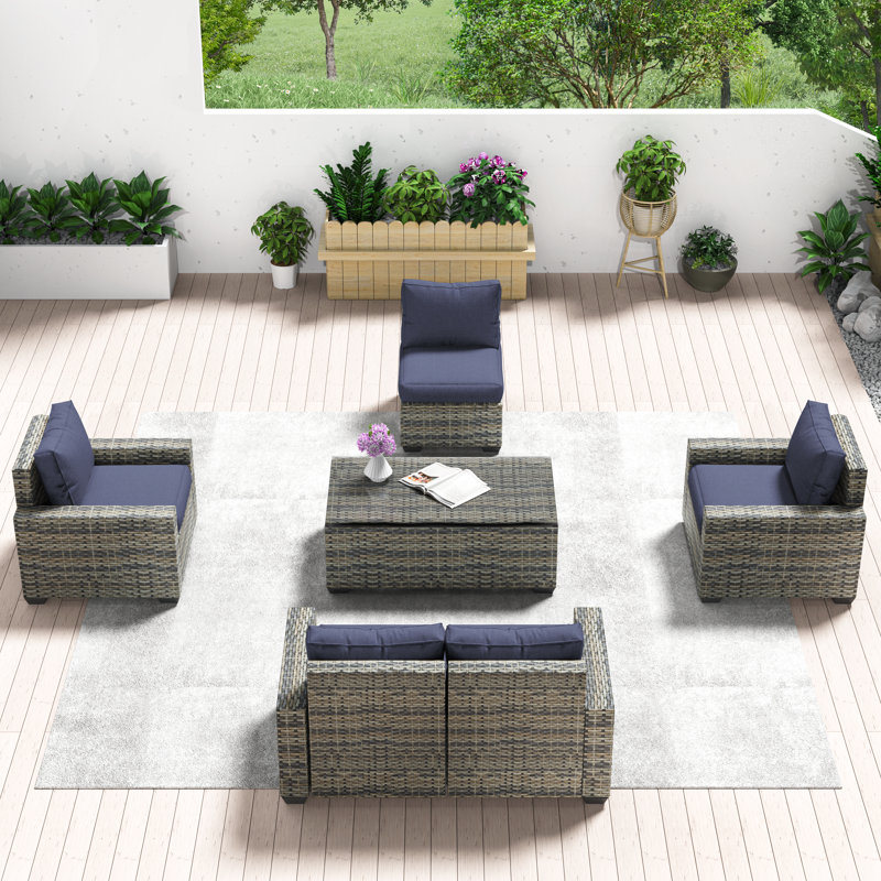 6 Piece Rattan Seating Group with Cushions, Navy