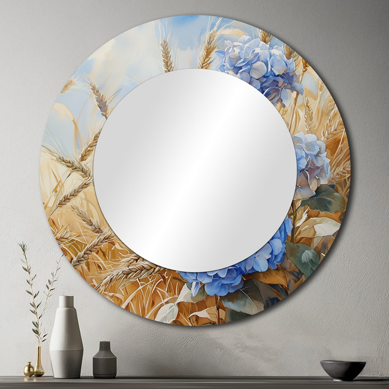 Countryside Hydrangeas In The Wheat Field I - Floral Accent Wall Mirror - Printed On Metal, 36" x 36"