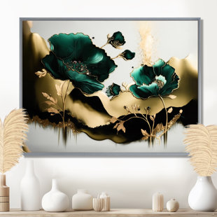 Impression sur toile, « Euphoria florale de pavot doré et vert II - Pavot floral »