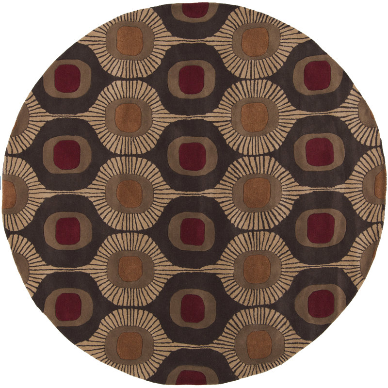 Tapis en laine brun foncé en laine à motif géométrique touffeté à la main Anly, Rond 8 pi