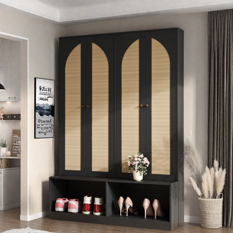 Farmhouse Widen Hall Tree With 4 Rattan Doors, Seating Bench, 6 Hooks And Shoe Cabinet, Black