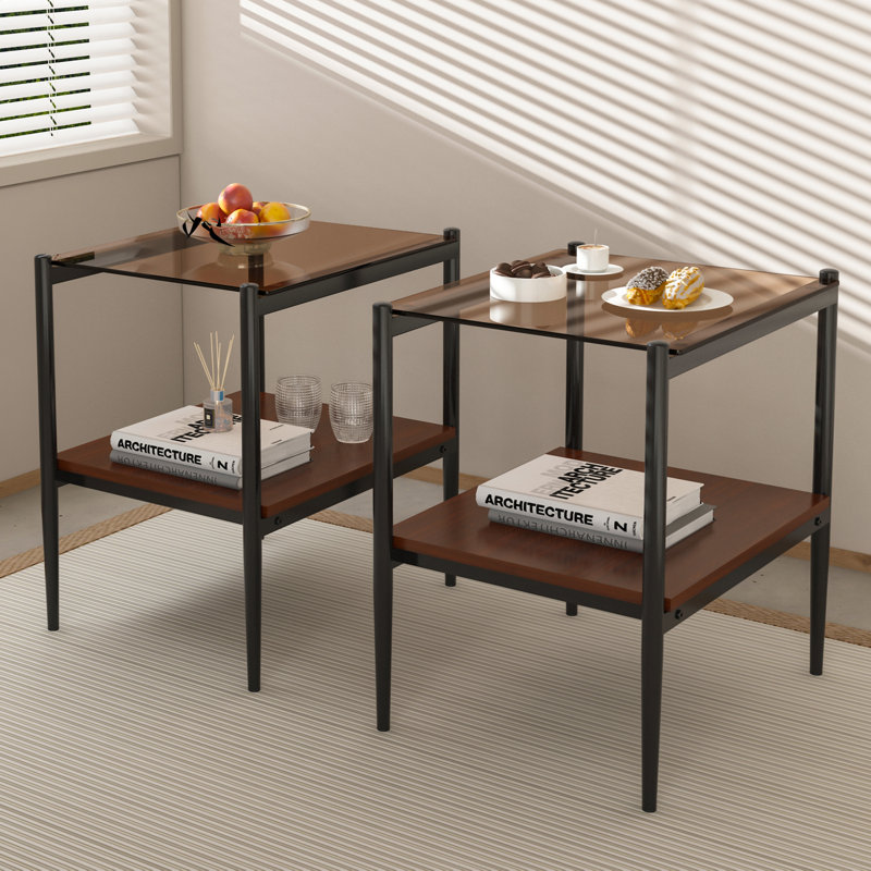 Tables d'appoint en verre trempé avec tablette Finkelstein, Brun, Noir
