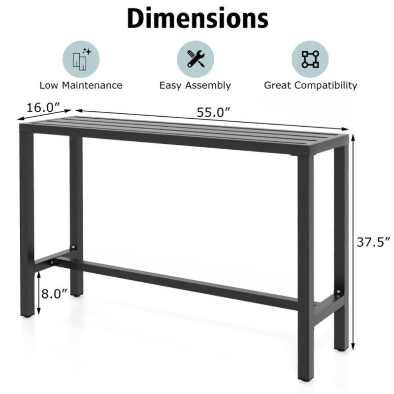 Table de bar d'extérieur de 55 pouces avec plateau imperméable et structure en métal robuste