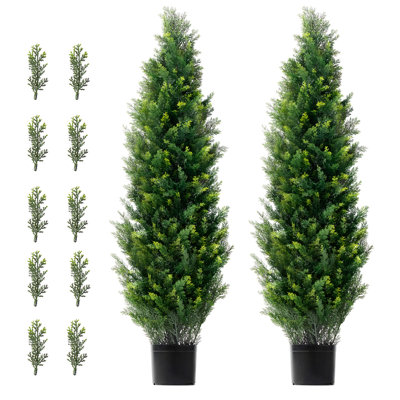 2 Pack 4 ft Artificial Cedar Topiary Trees, UV Resistant Faux Evergreen Plants, Indoor & Outdoor Decorative Fake Shrubs for Front Porch, Patio, Garden, Entryway