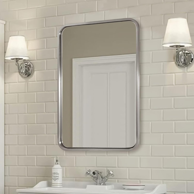 Miroir de salle de bain rectangulaire contemporain | Cadre épais en acier inoxydable, 40 po x 30 po, Nickel brossé