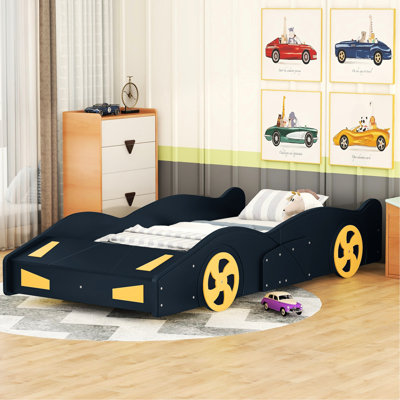 Twin Size Platform Bed With Race Car Theme And Storage Space, Dependable Wood Construction For Bedroom Comfort Wheels - Dark Blue + Yellow, Solid Longevity, Comfortable Design