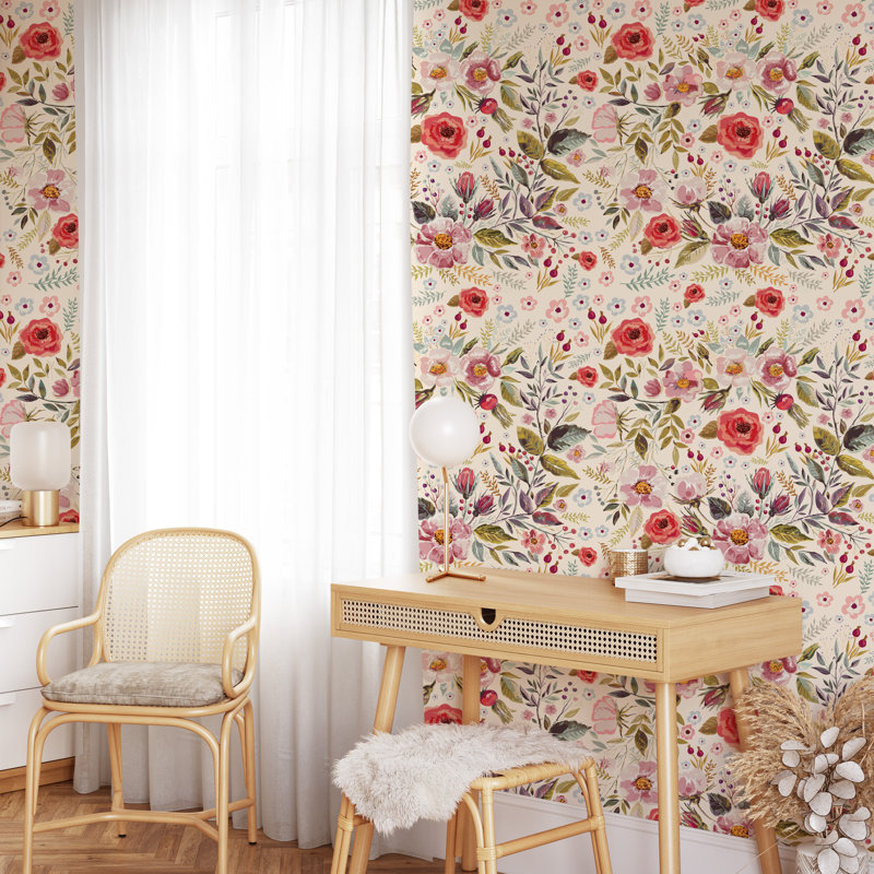 Red Field Flowers Perigold Peel and Stick Wallpaper Roll 24" W x 120" L