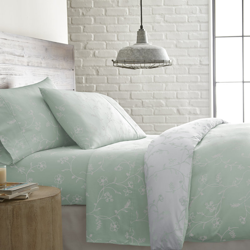 Ensemble de draps Southbest Fine Linens Sweetbrier, Ensemble de draps pour lit double + drap-housse +, Vert pastel / Blanc