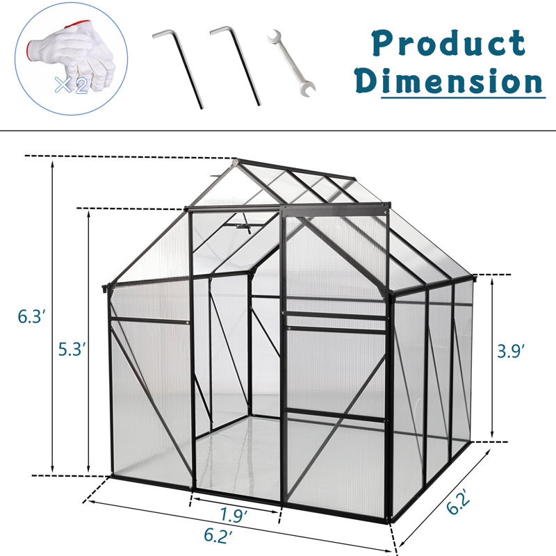 Walk-In Greenhouse 6X6ft - Polycarbonate noir avec cadre robuste, toit réglable toutes saisons pour la cour arrière, base galvanisée noire, porte coulissante robuste pour la croissance des plantes extérieures, amélioration du débit d'air,