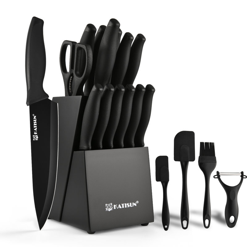 Ensemble de 19 couteaux de cuisine en acier inoxydable, affûteur intégré, compatible lave-vaisselle, manches ergonomiques antidérapants, 6 couteaux à steak, noir